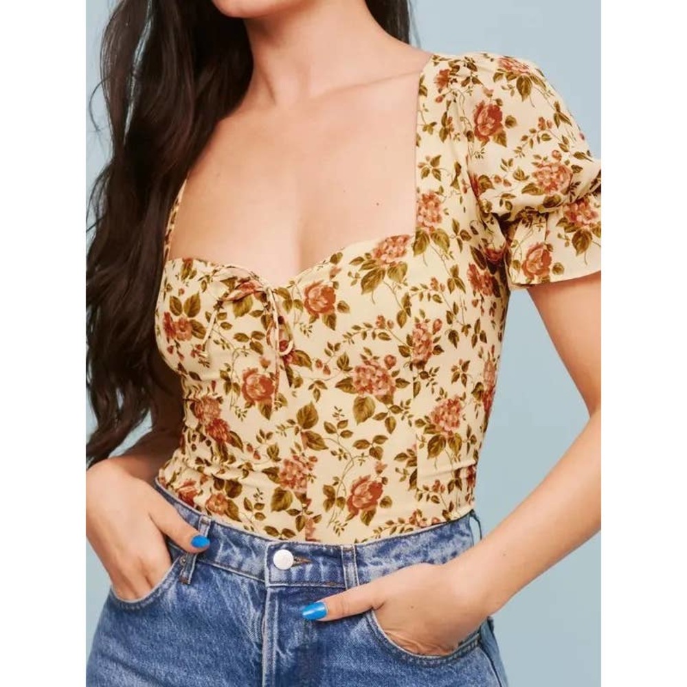 Reformation Cream Floral Sweetheart Crop Top